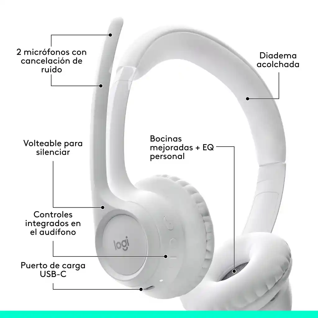 Diadema Bt Inalámbrica, Logitech Zone 300 2 Micrófonos, Blanco