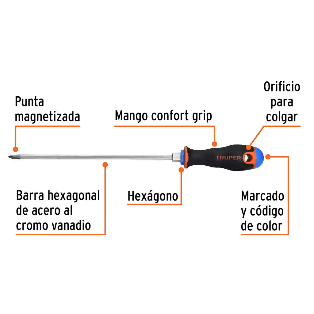 Destornillador Punta Estrella 3/16" X 8" Mango Comfort Grip, Truper