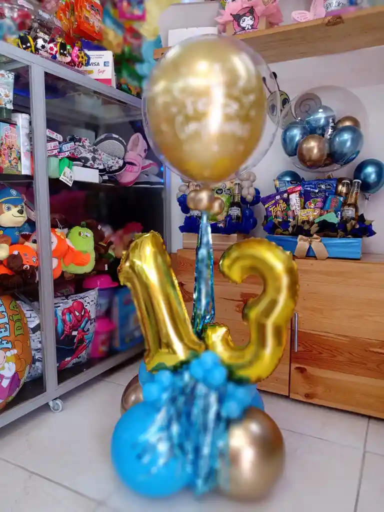 Detalle Arreglo Para Mesa Con Globos Y Número Feliz Cumpleaños