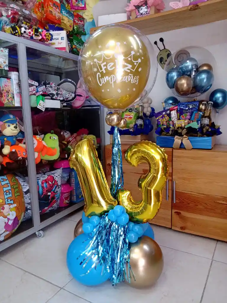 Detalle Arreglo Para Mesa Con Globos Y Número Feliz Cumpleaños