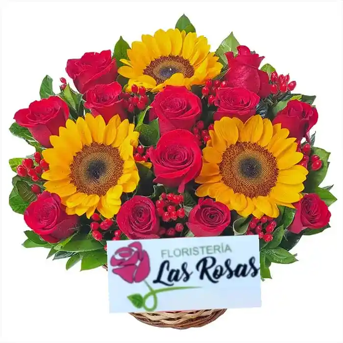 Girasol Y Rosas En Canasta