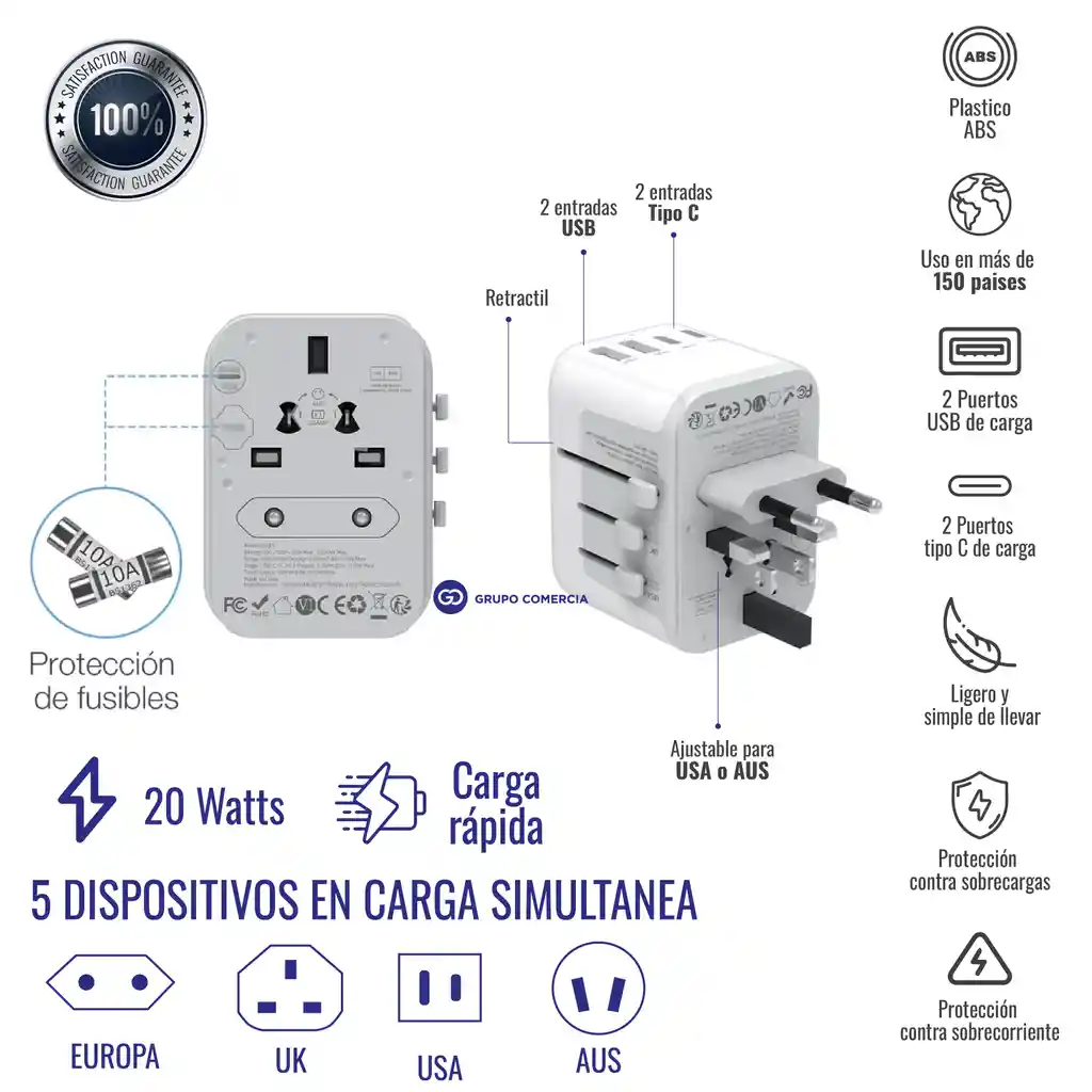 Adaptador Viajero Europeo Protector De Picos 4 Puertos