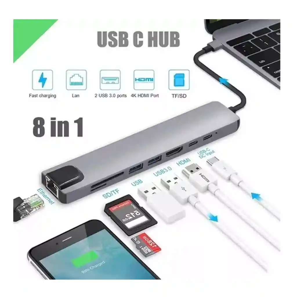 Adaptador Multi-puerto Usb Tipo C Dock Hub A Hdmi Lan 8 En 1