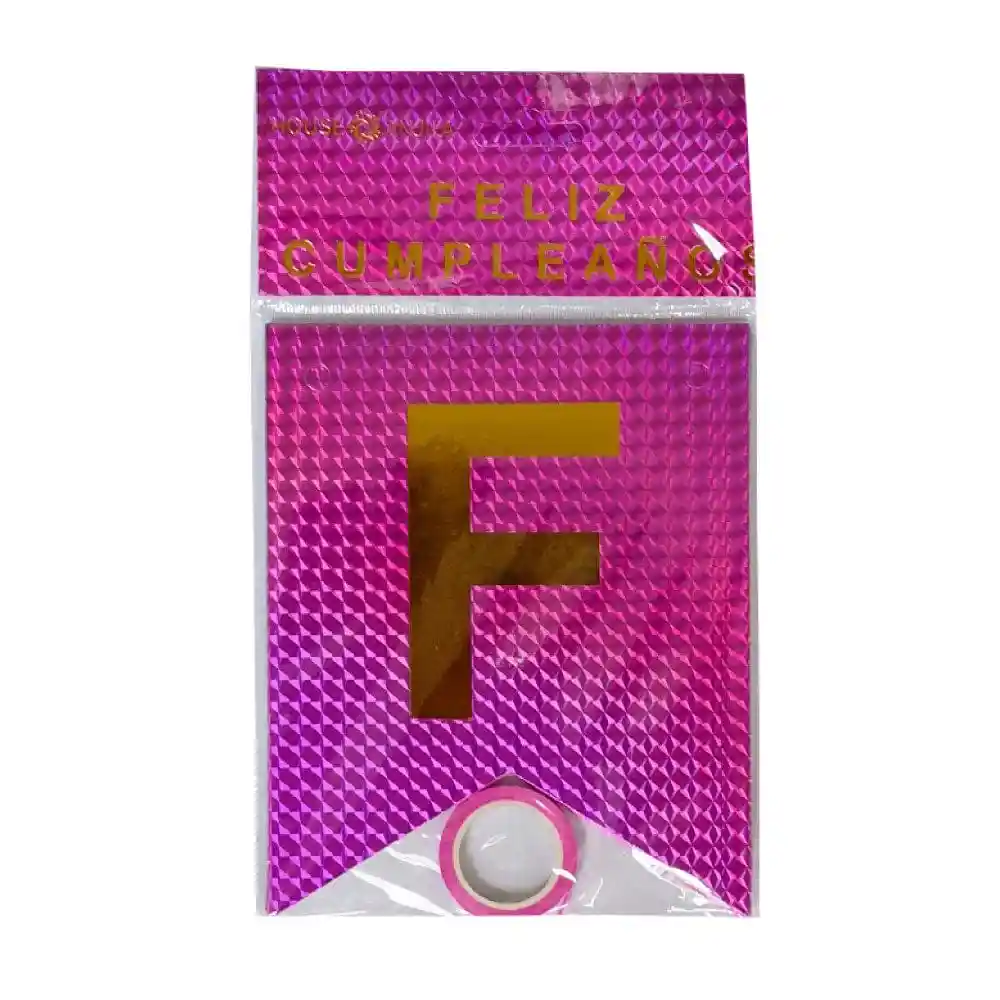 Banderin Feston Feliz Cumpleaños Fucsia Brillante En Holograma Letras Doradas