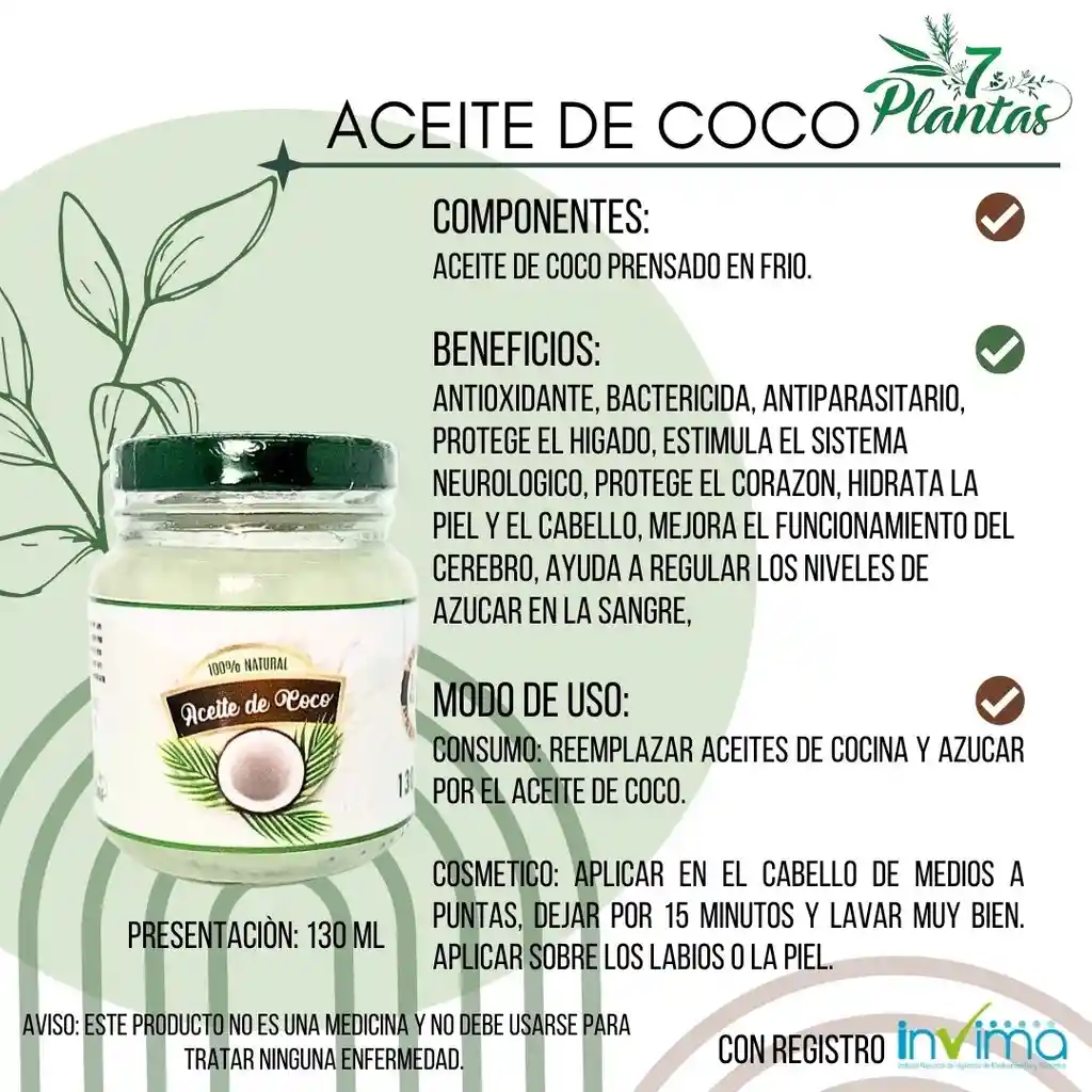 7 Plantas Aceite De Coco Natural 130 Ml