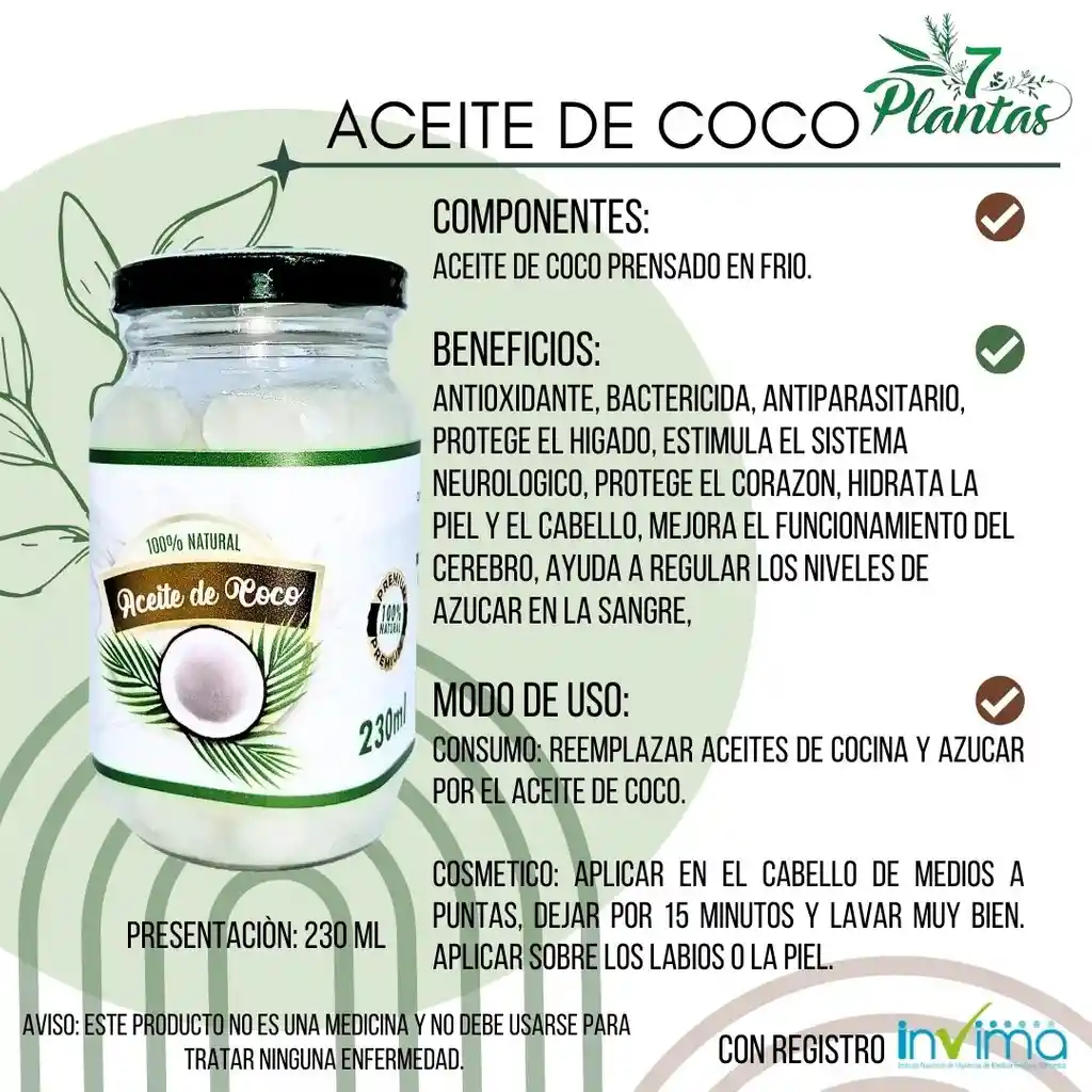 7 Plantas Aceite De Coco Natural 230 Ml