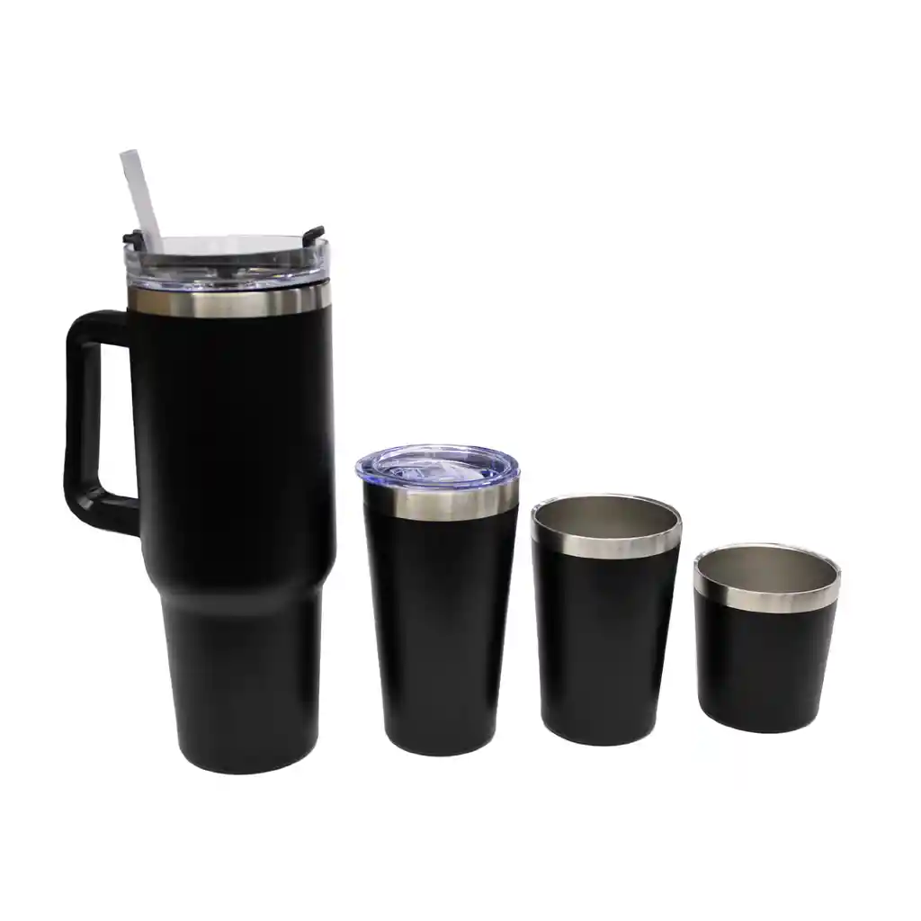 Vaso Termo Stan Negro Con 3 Tazas Térmico Acero Inoxidable