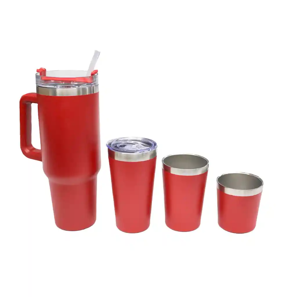 Vaso Termo Stan Rojo Con 3 Tazas Térmico Acero Inoxidable