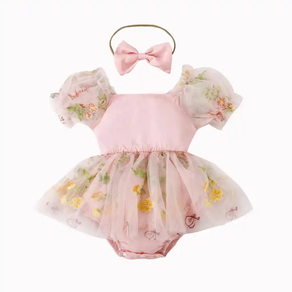 Vestido En Body De Flores Rosado Con Diadema 6-9 Meses