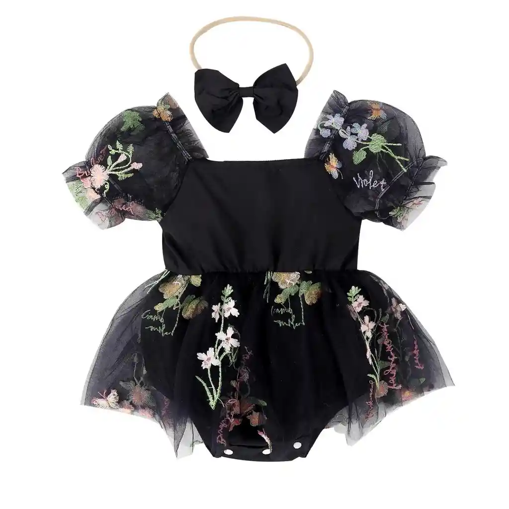 Vestido En Body De Flores Negro Con Diadema 3-6 Meses