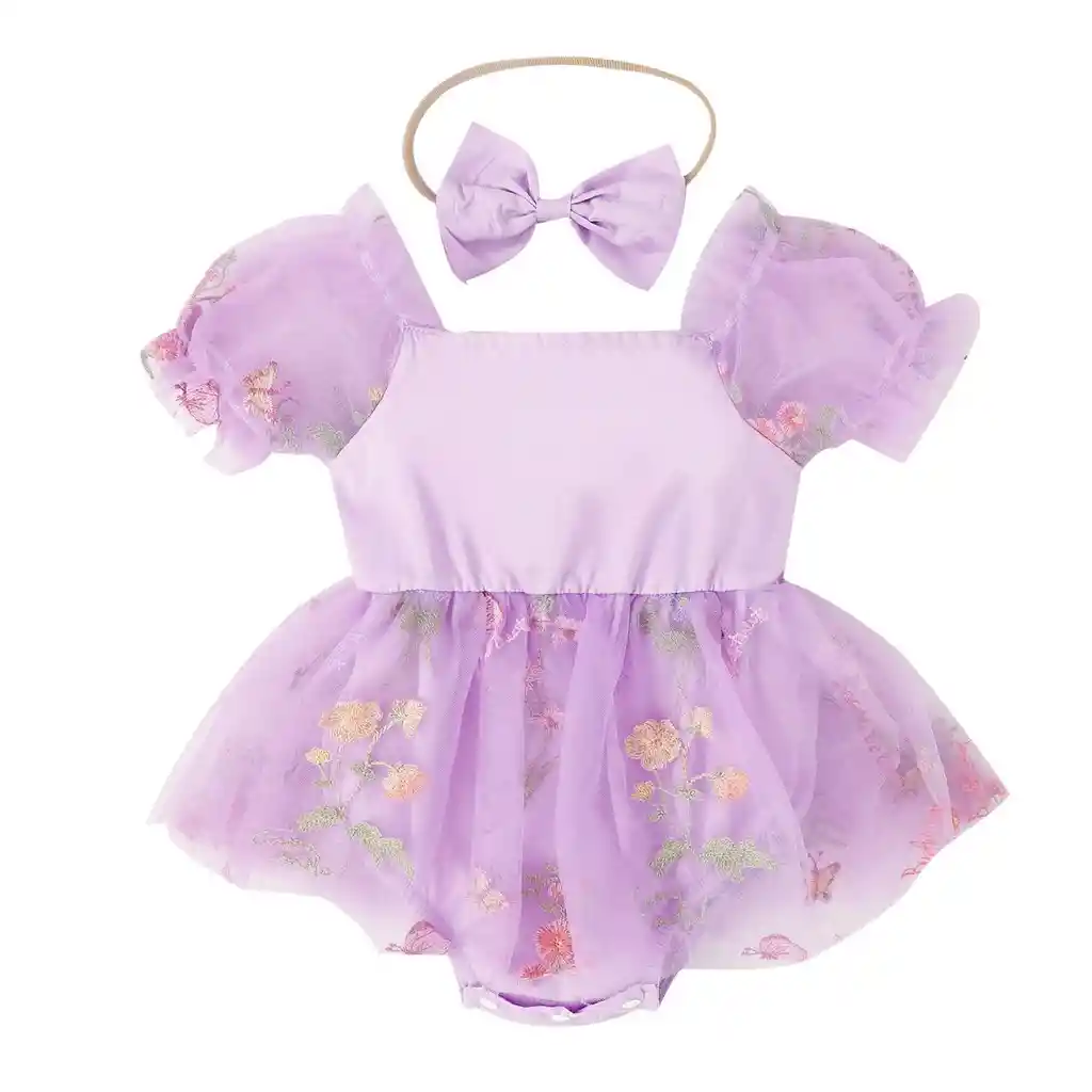 Vestido En Body De Flores Morado Con Diadema 3-6 Meses