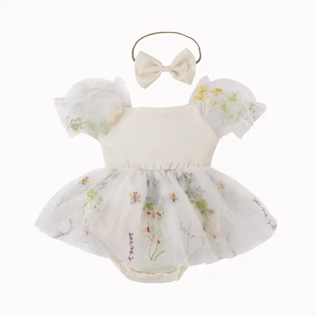 Vestido En Body De Flores Beige Con Diadema 3-6 Meses