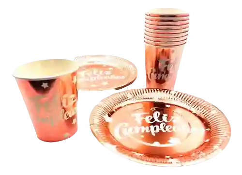 Platos Y Vasos Feliz Cumpleaños Metalizado Oro Rosa