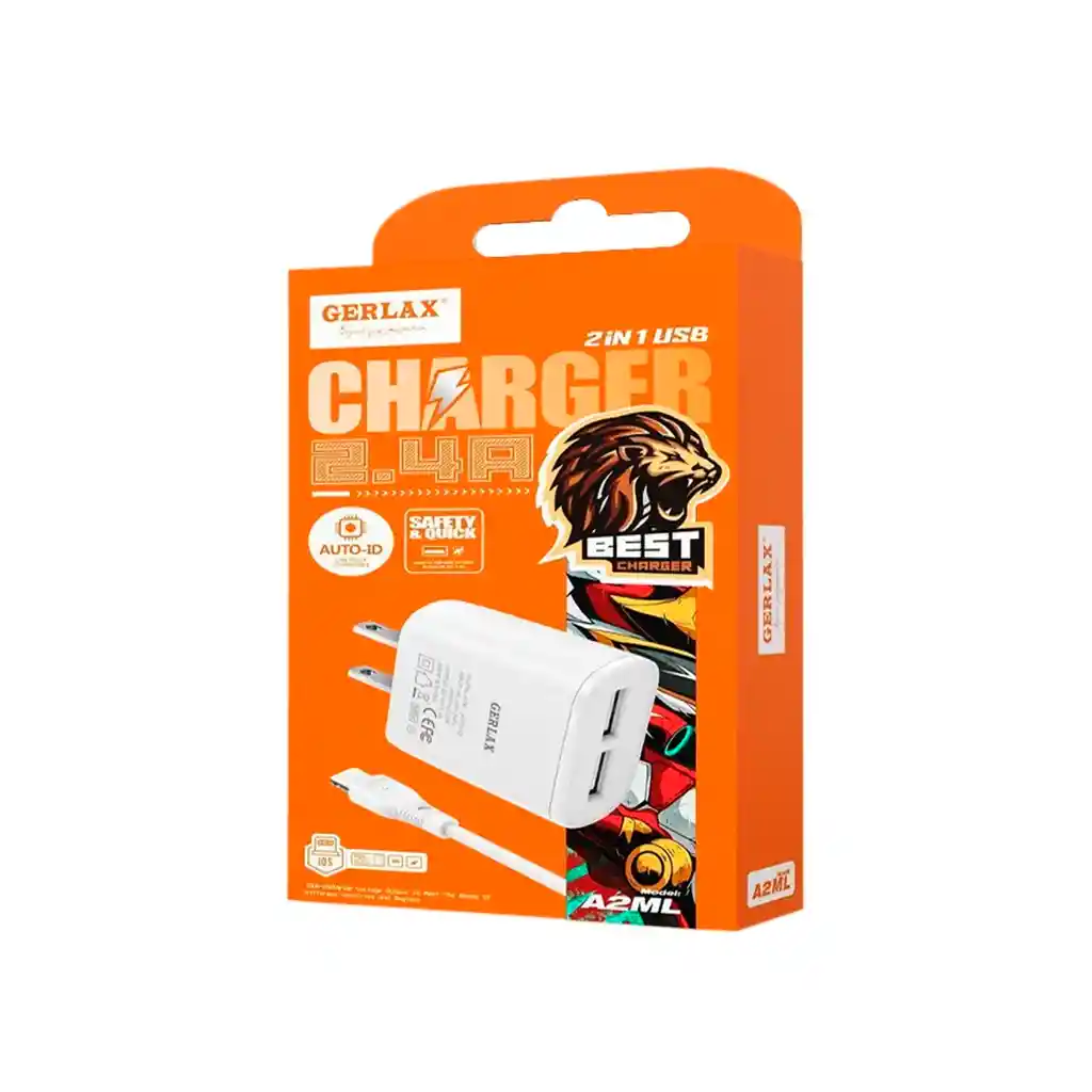 Cargador De Pared Iphone Aaa Dos Puertos Y Cable Usb A Lightning Gerlax A2ml 2.4a