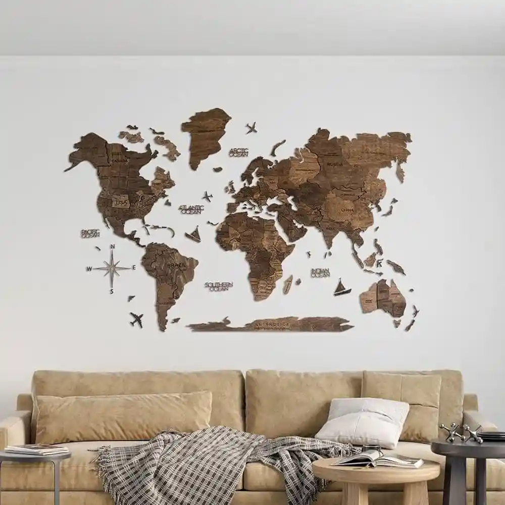 Mapa Mundo Decoracion Mapamundi 3d Madera 100% (150cm X 90cm) Incluye Kit De Instalacion