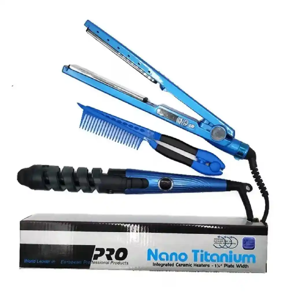 Combo Replica Nano Titanium Para Cabello Con Plancha Mas Peine Mas Rizador