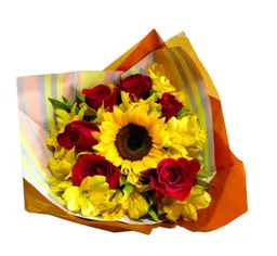 Bouquet De Astromelias Amarillas Rosas Y Un Girasol