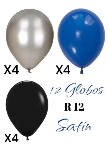 Globos Látex Satín R12 (azul - Plateado - Negro) X12 Unidades