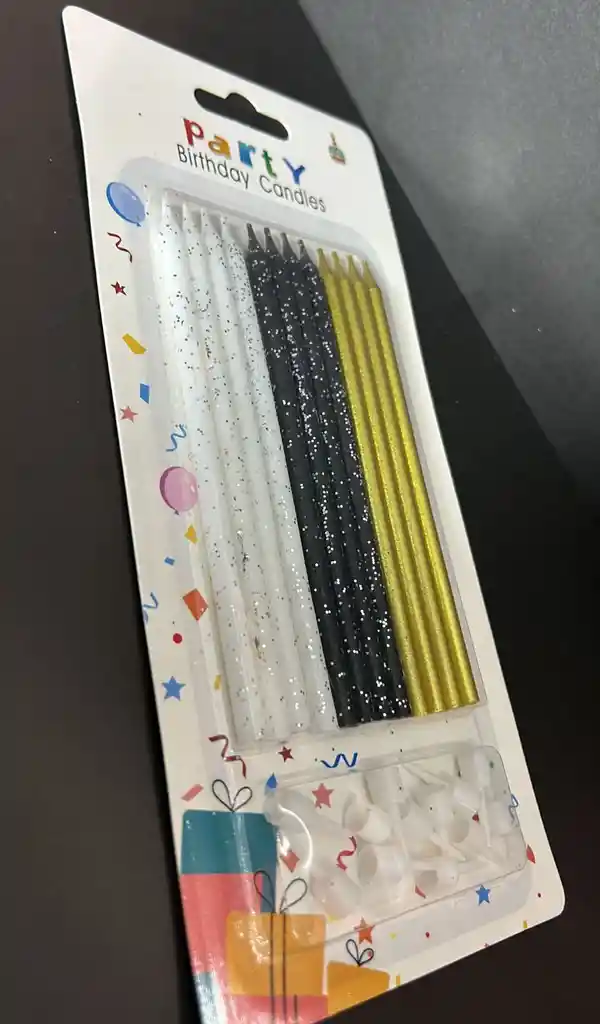 Vela Cumpleaños Larga Escarchada X12 Dorada / Negra / Blanca