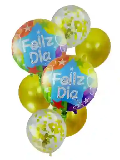 Bouquet 7 Piezas Confeti Dorado Feliz Dia Incluye 2 Globos Metalizados