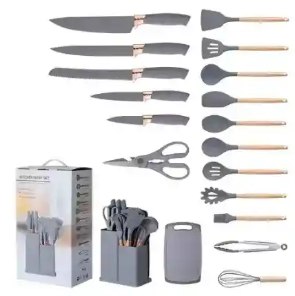 Set De Utensilios De Cocina Silicona Y Cuchillos Tabla 19pcs Color Gris