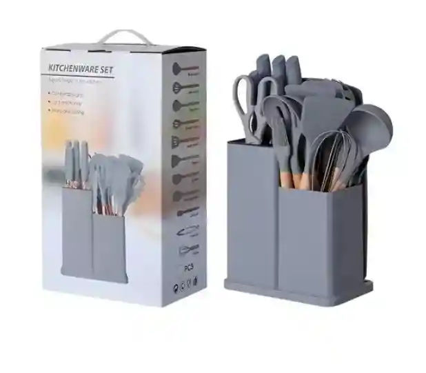 Set De Utensilios De Cocina Silicona Y Cuchillos Tabla 19pcs Color Gris