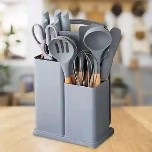 Set De Utensilios De Cocina Silicona Y Cuchillos Tabla 19pcs Color Gris