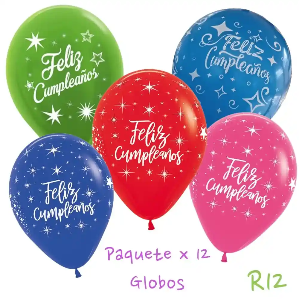 Paquete X 12 Globos R12 Feliz Cumpleaños Surtidos