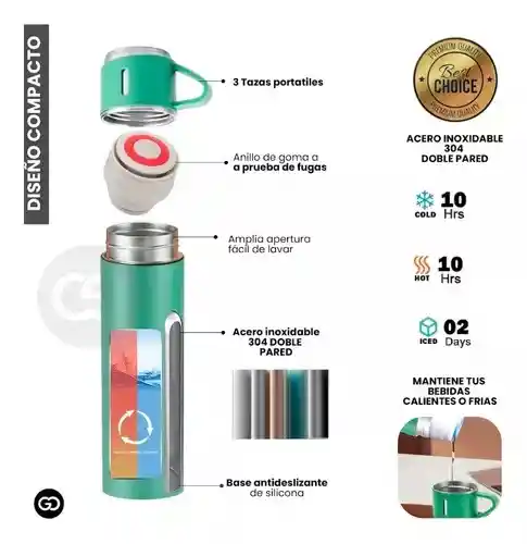 Termo 500ml Acero Inoxidable Térmico +3 Pocillos Portátil