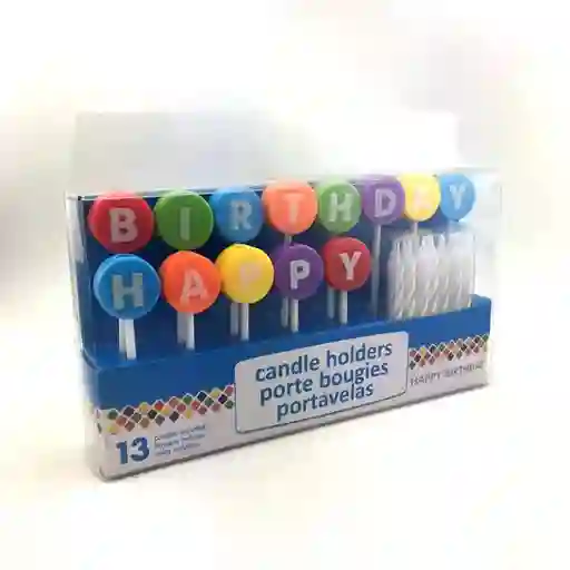 Portavelas Happy Birthday Colores + 13 Velas Blancas