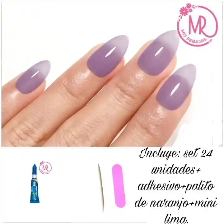 Kit Uñas Postizas Almendras En Tono Morado.