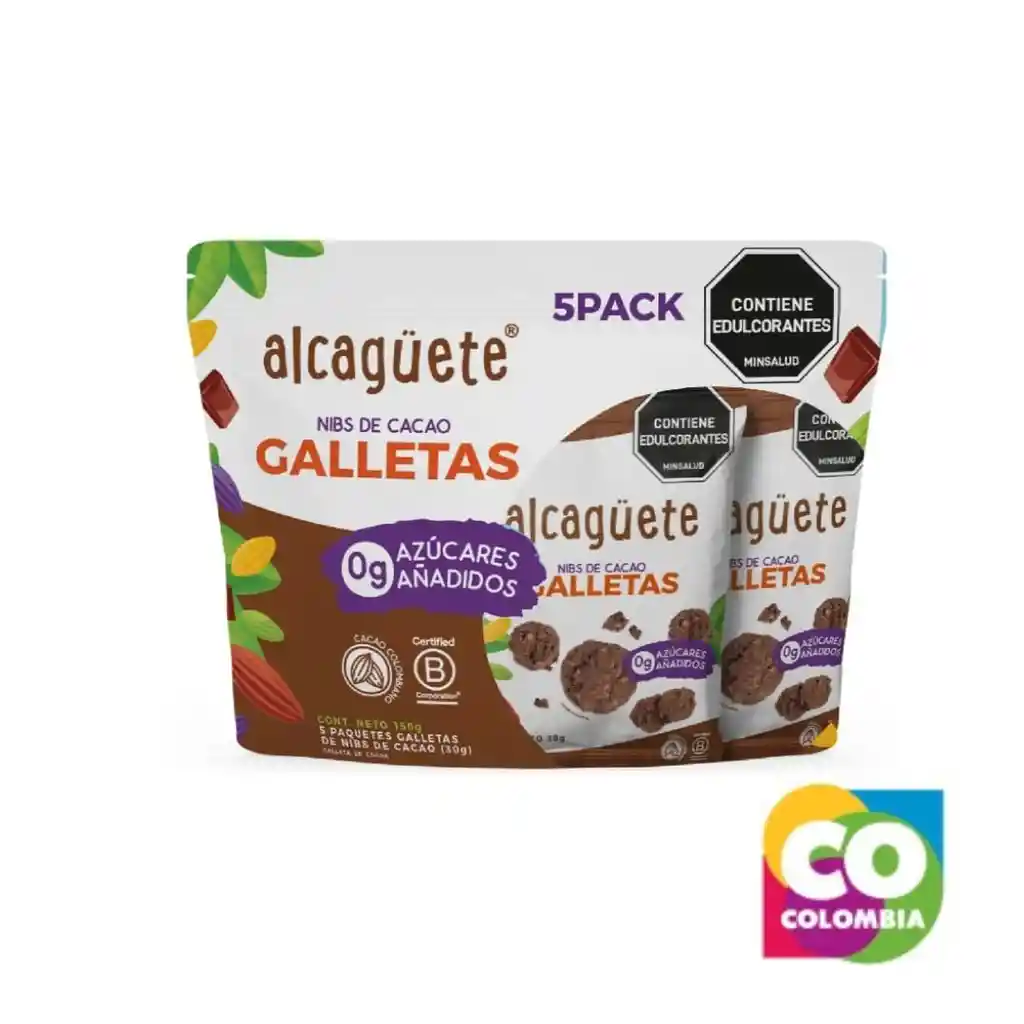 Galletas Nibs De Cacao (5 Unidades) Marca Alcagüete Embalaje De 1 Unidad Por 150gr