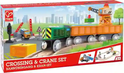 Set De Tren Con Cruce Y Grúa De Madera Hape Para Niños