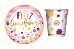 Platos Y Vasos Feliz Cumpleaños Destellos Rosa