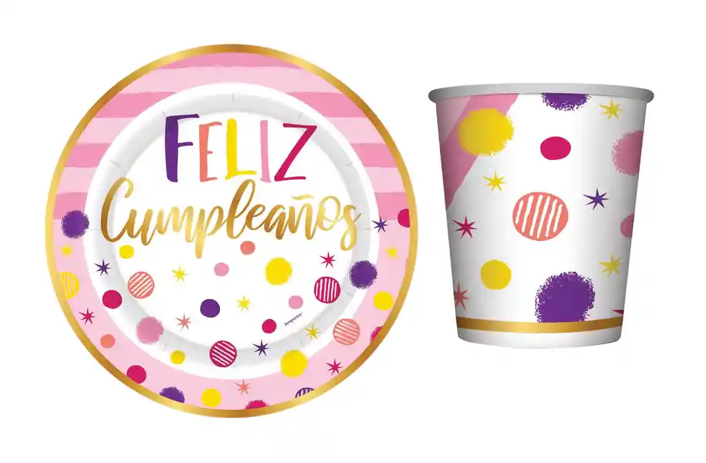 Platos Y Vasos Feliz Cumpleaños Destellos Rosa