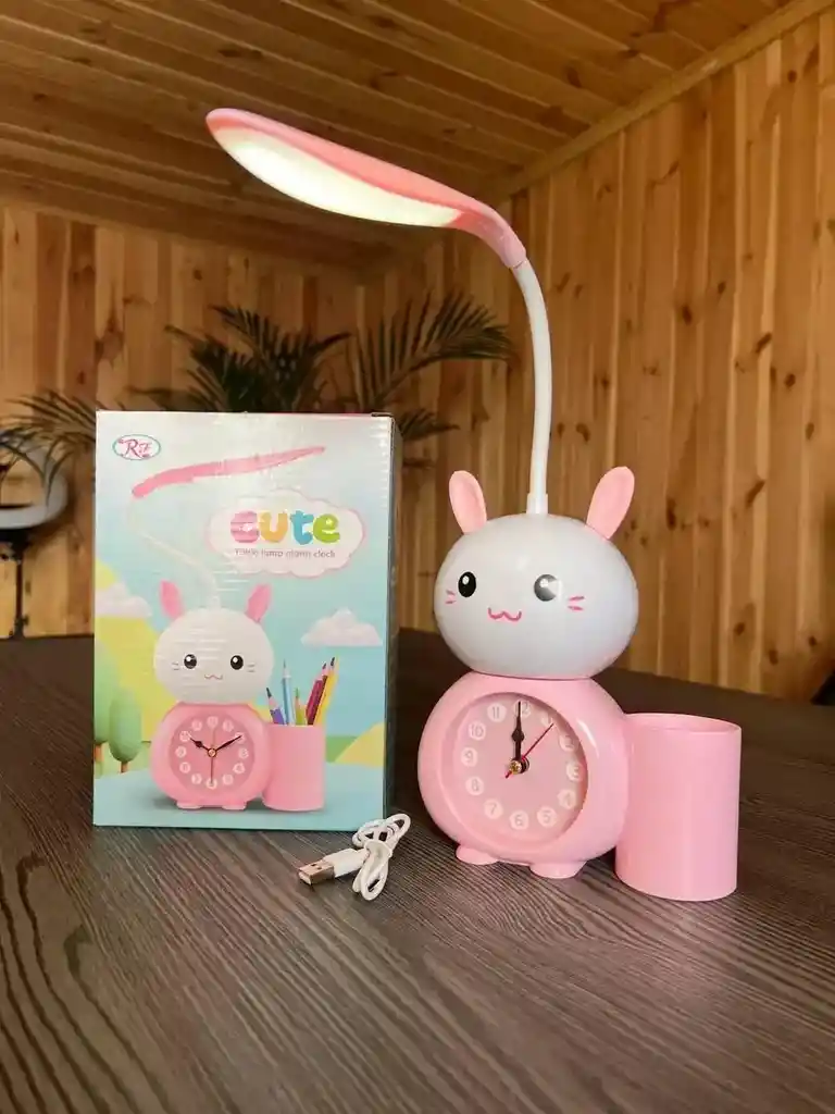 Lampara Conejo Rosa Recargable Con Reloj De Escritorio Mesa