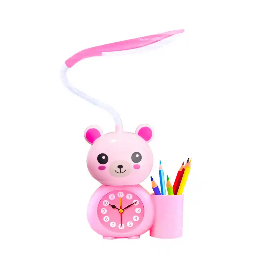 Lampara Oso Rosa Recargable Con Reloj De Escritorio Mesa