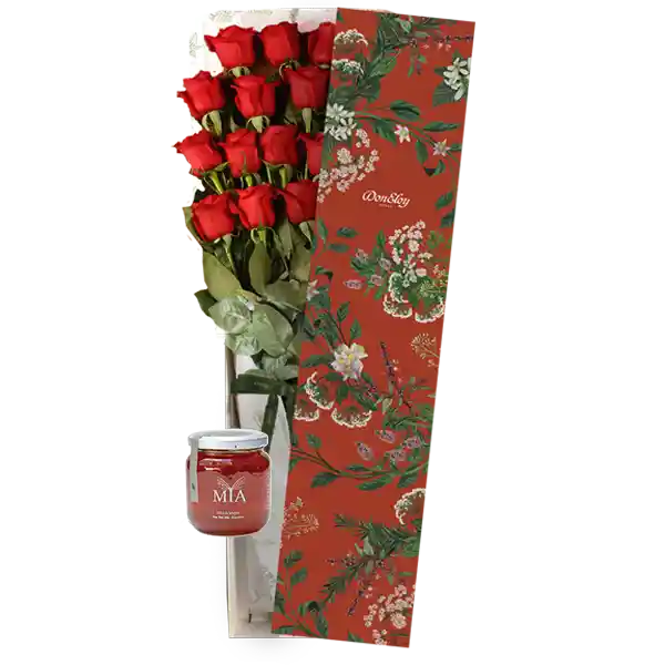 Caja Botánica 18 Rosas Rojas + Miel Mia