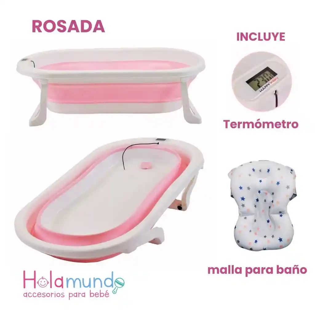 Bañera Plegable Con Malla Para Baño Y Termómetro - Rosada