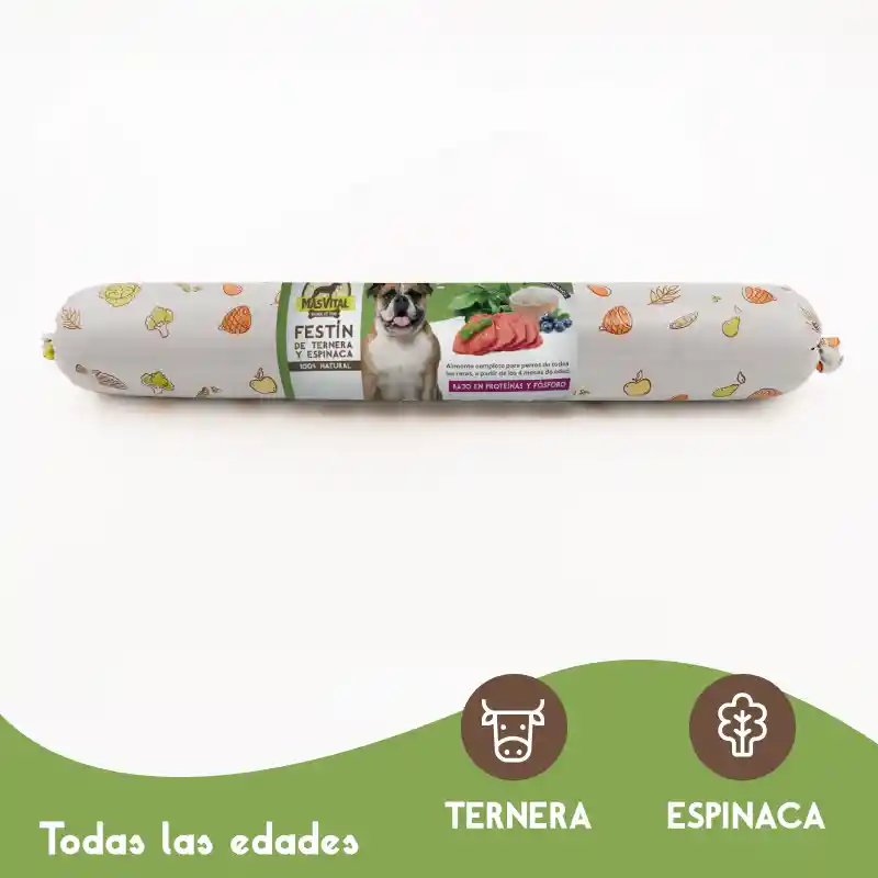 Alimento Natural Para Perro Barra Masvital Festin De Ternera Y Espinaca