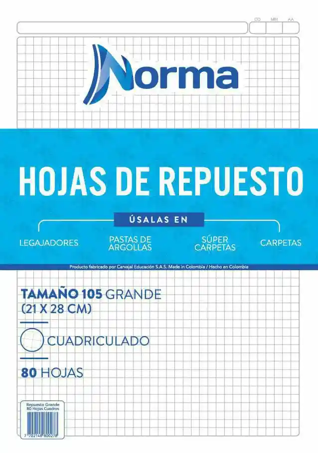 Hojas De Repuesto Para Folder Norma Tamaño 105 21x28cm Rayas 80 Hojas