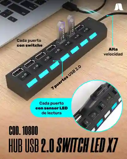 Multipuertos Usb 2.0 Interruptor Individual Led 7 Puertos Hub