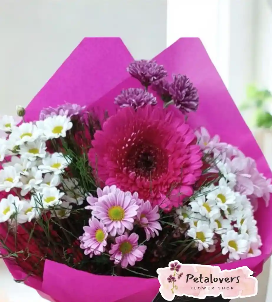 Rosas Bouquet De Gerbera Fucsia Y Margaritas