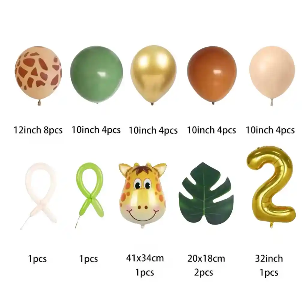 Kit Globos Decorativos Cumpleaños 2 Años Infantil Safari 30 Pzas