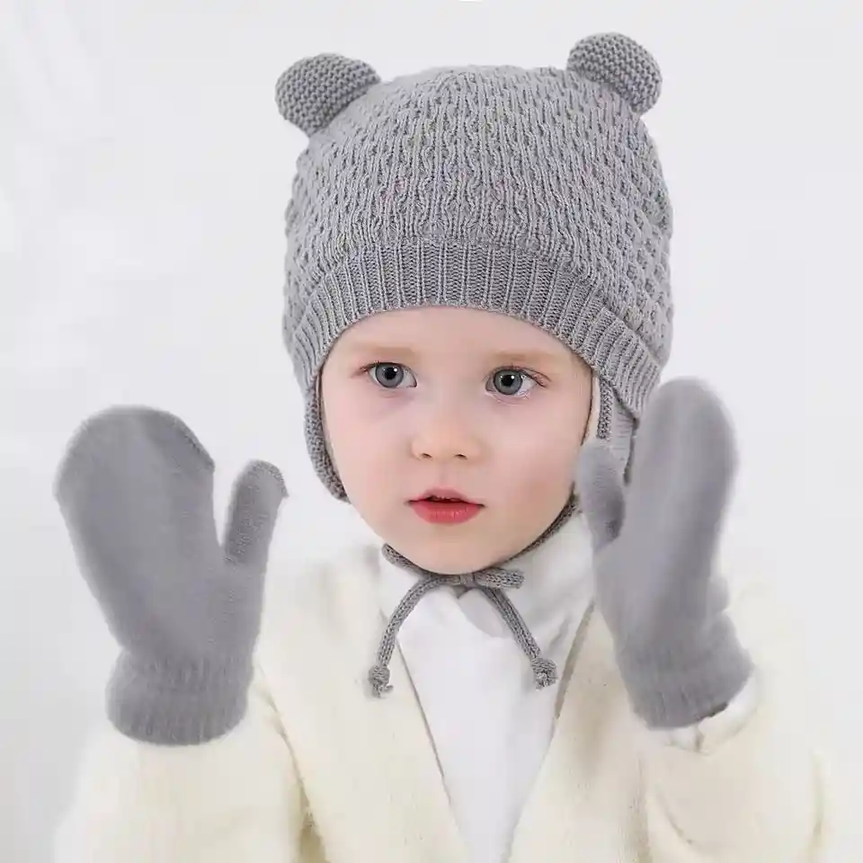 Gorro Termico Niños Niñas + Manoplas Sombrero Ajustable Gris