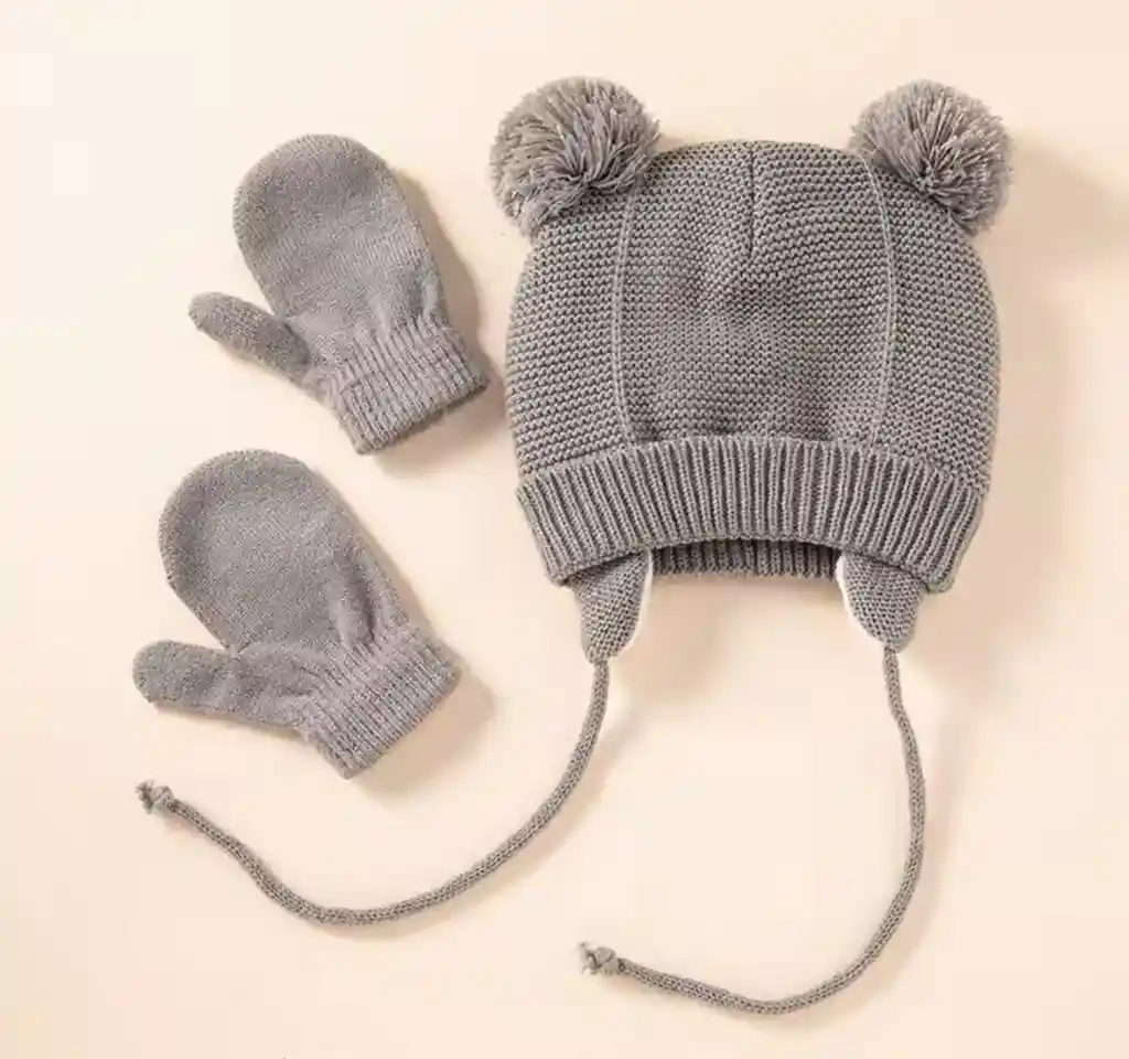 Gorro Termico Niños Niñas + Manoplas Sombrero Ajustable Gris