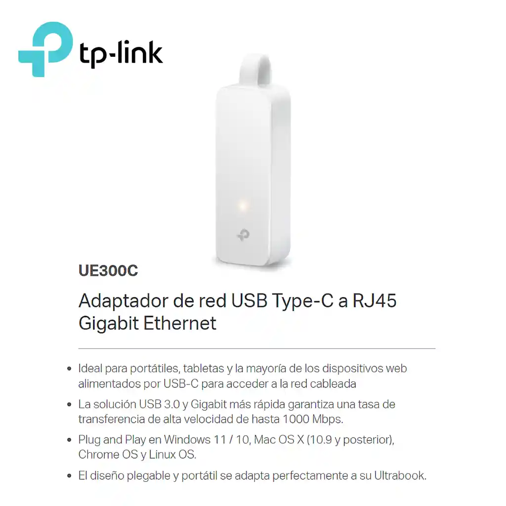 Adaptador De Red Usb Tipo C A Ethernet Gigabit Tp-link Ue300c