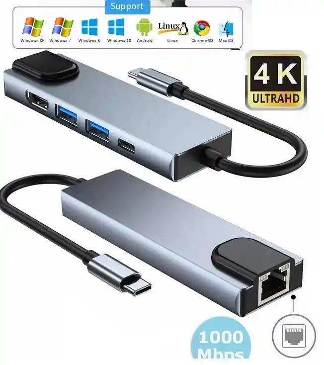 Hub 8 En 1 Usb Tipoc A Hdmi 4k 2-usb 3.0 Red Gigabit P Cargar Mac/ Sd-microsd / Windows