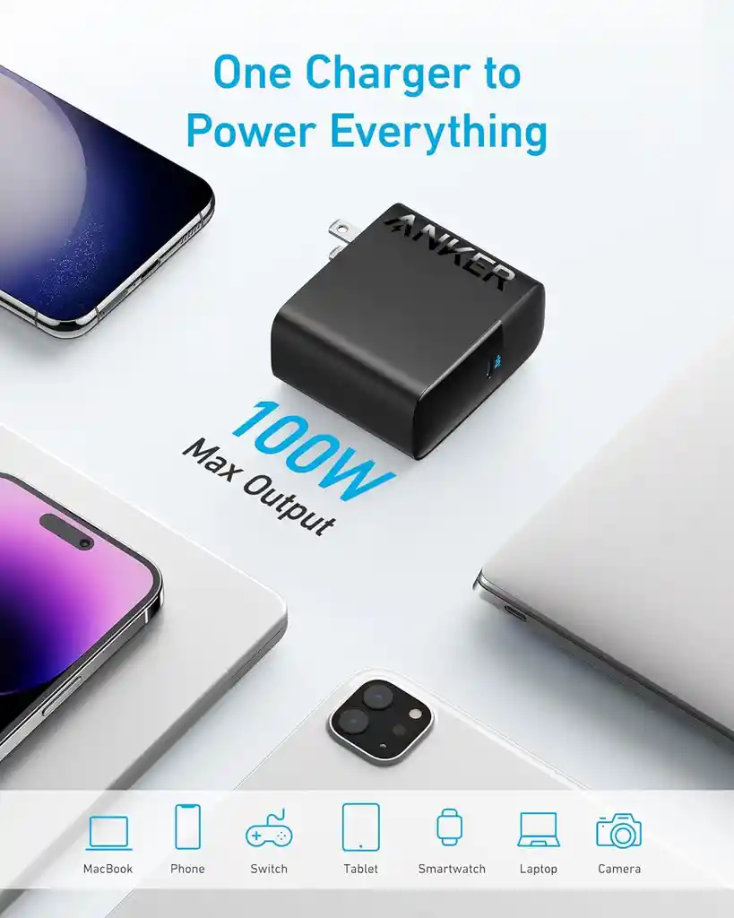 Cargador 100w Usb C Anker Para Macbook Pro Air Ipad Negro