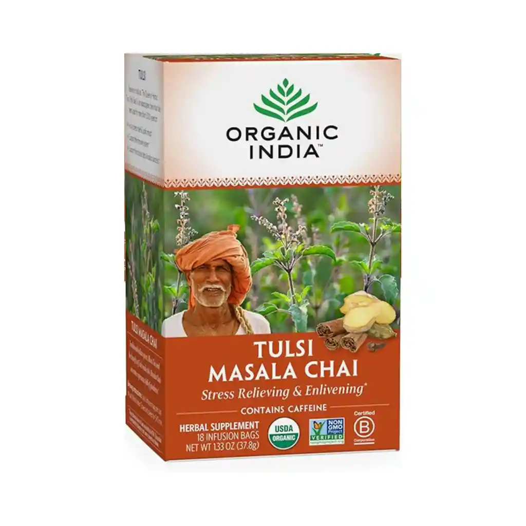 Organic India Tulsi Masala Chai, Alivia El Estrés Y Revitaliza, Apoyo Inmunológico - 18 Bolsitas (37.8 G)